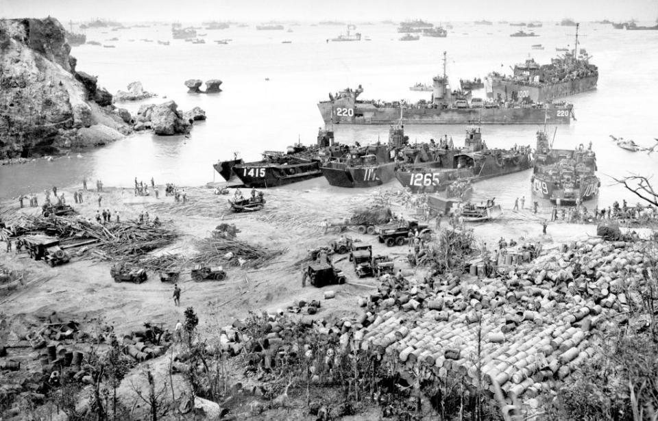 American vessels, military equipment and servicemen along the coast of Okinawa