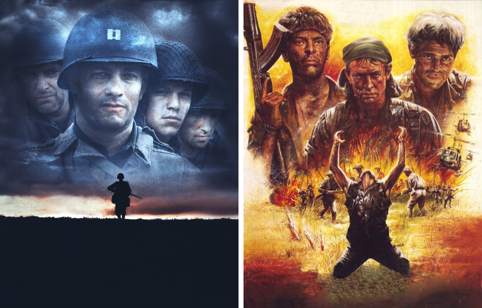 Promotional poster for 'Saving Private Ryan' + Promotional poster for 'Platoon'