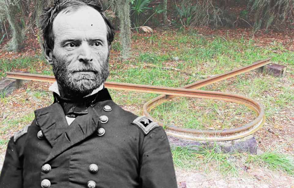 Sherman's Necktie laid out on the grass + Military portrait of William Tecumseh Sherman