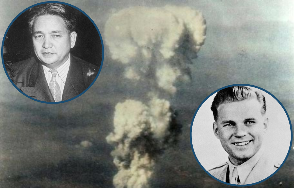 Mushroom cloud rising over Hiroshima + Kiyoshi Tanimoto sitting at a table + Military portrait of Robert A. Lewis